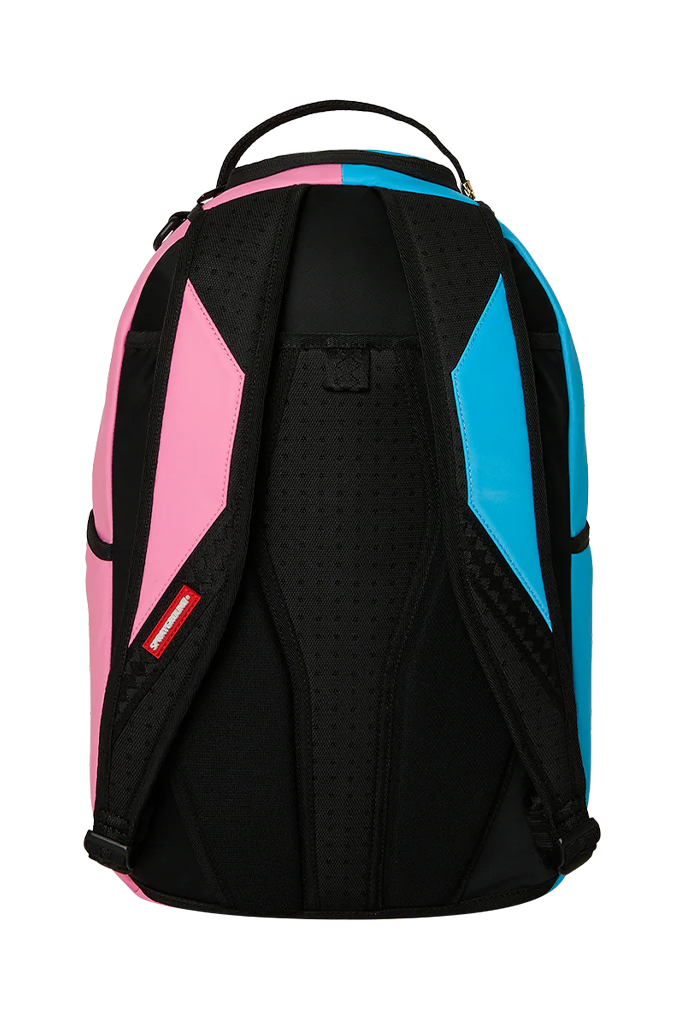 A backpack shown from the back, featuring a black perforated center panel with pink and blue geometric side panels, a black top handle, and a small red brand tag on the lower left side.