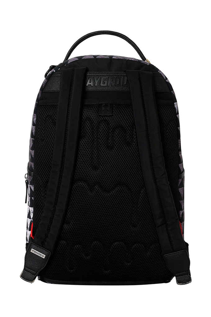 Black Sprayground backpack shown from the back, featuring a textured mesh back panel with embossed wavy patterns, a top carry handle, and a visible logo patch.