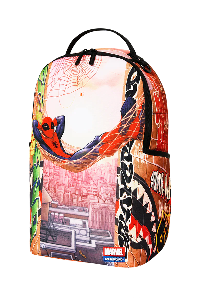 Marvel Deadpool backpack featuring a vibrant comic-style print with Spider-Man, webs, cityscape, graffiti, and shark graphics, on a white background.