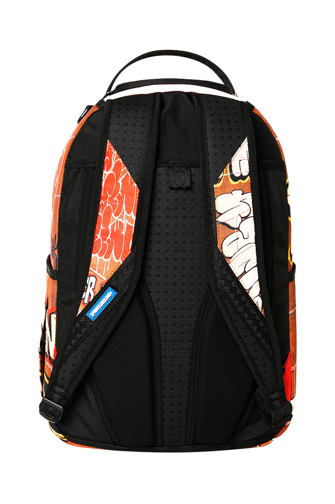 A black backpack shown from the back, featuring orange and white graphic patterns on the sides, a black padded back panel, and a top carry handle, photographed against a plain white background.