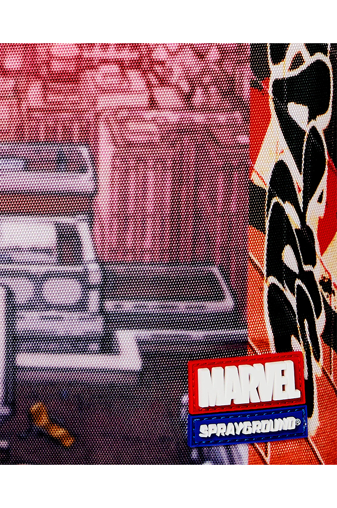 Marvel branded fabric featuring a stylized red-toned city street scene with cars and a black-and-white character graphic on the right, plus a visible Marvel Sprayground patch near the bottom.