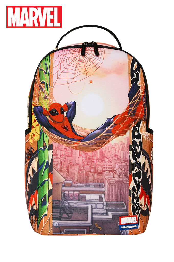 Marvel Spider-Man backpack featuring a colorful graphic print of Spider-Man hanging in a web hammock over a city skyline, with a black top handle and black side straps. A red and white Marvel logo is visible in the top left corner.