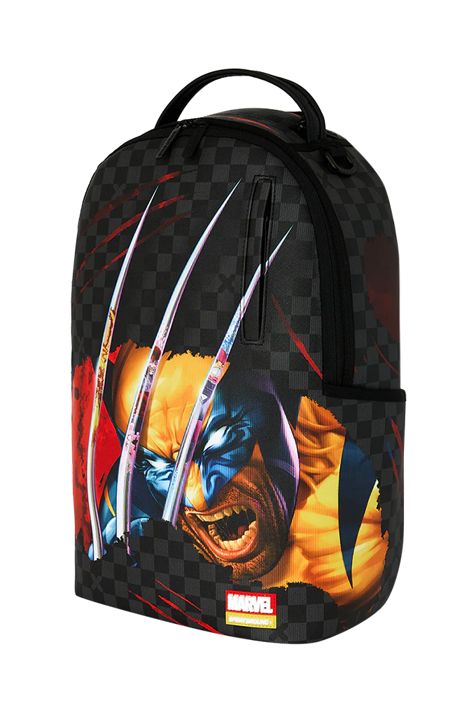 A black backpack featuring a Wolverine graphic print with his claws extended, set against a white background.