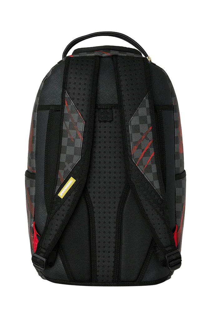 A black backpack shown from the back, featuring a perforated black mesh back panel, gray and black checkerboard patterned side panels, red graphic accents, and a top carry handle.