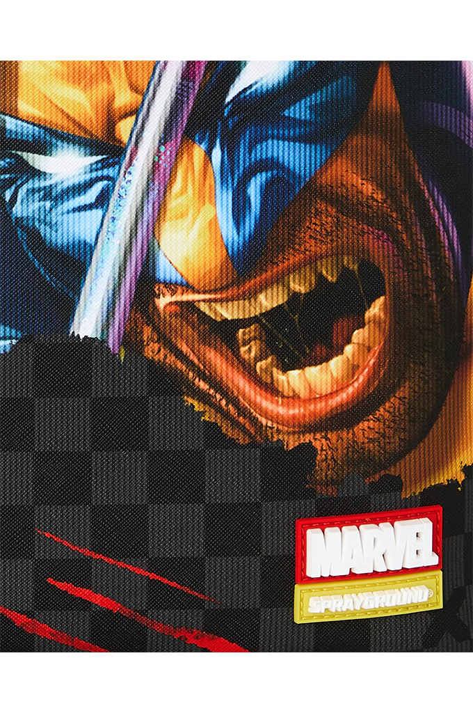 Marvel themed fabric featuring a close-up graphic of Wolverine's face in blue and yellow, a black-and-white checkerboard pattern, red claw marks, and a Marvel logo patch in the bottom right corner.