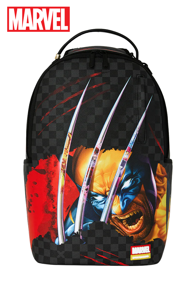 Marvel Wolverine themed backpack featuring a black and dark gray checkered pattern, red splatter accents, and a graphic print of Wolverine's face with metallic claws extended. A red Marvel logo is visible in the top left corner.