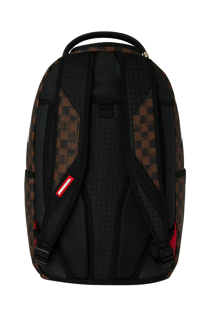 A black backpack with brown checkerboard patterned side panels and a small red rectangular brand tab on the side, shown from the back against a white background.