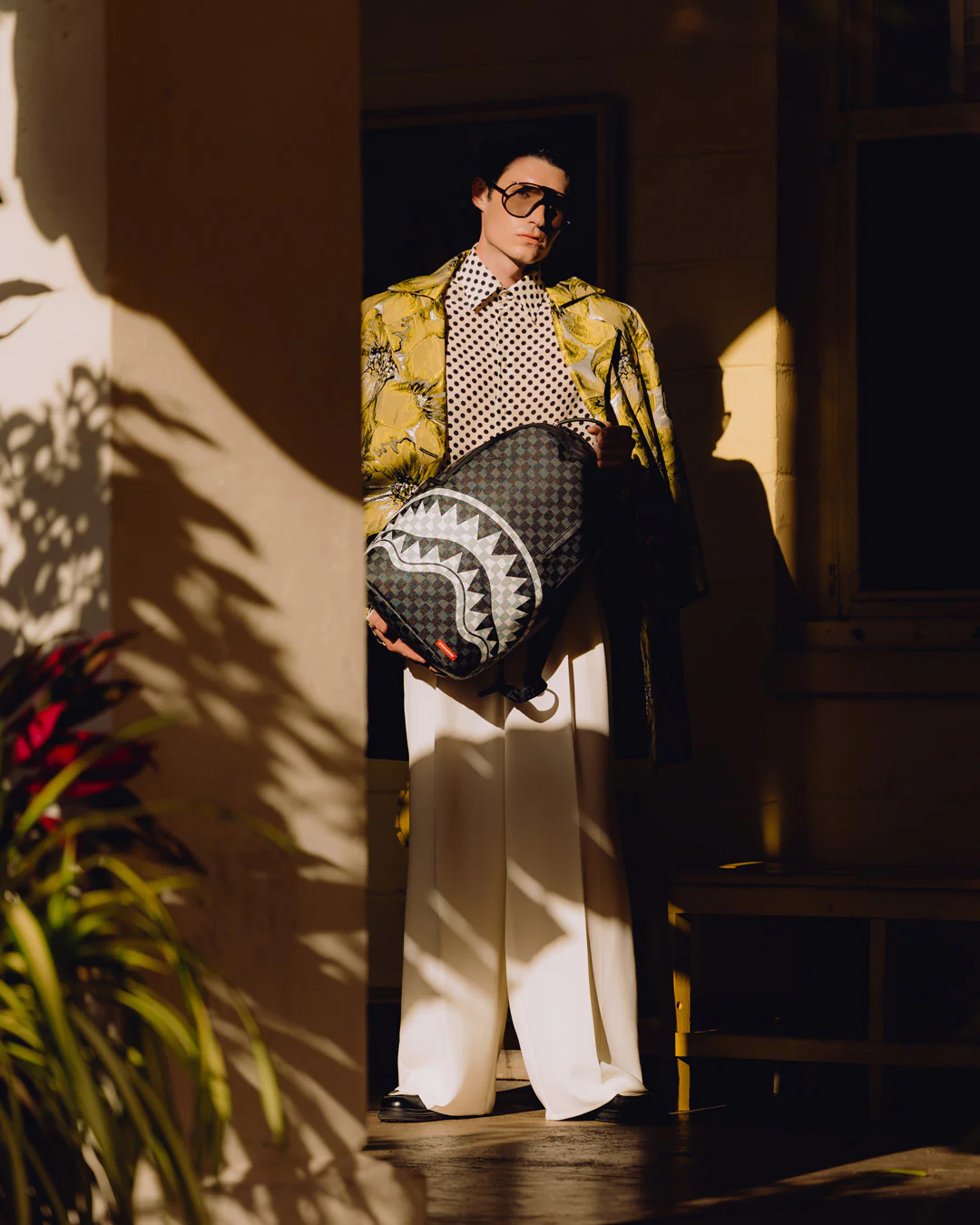 Person holding a patterned bag in a dimly lit room with shadows on the wall.