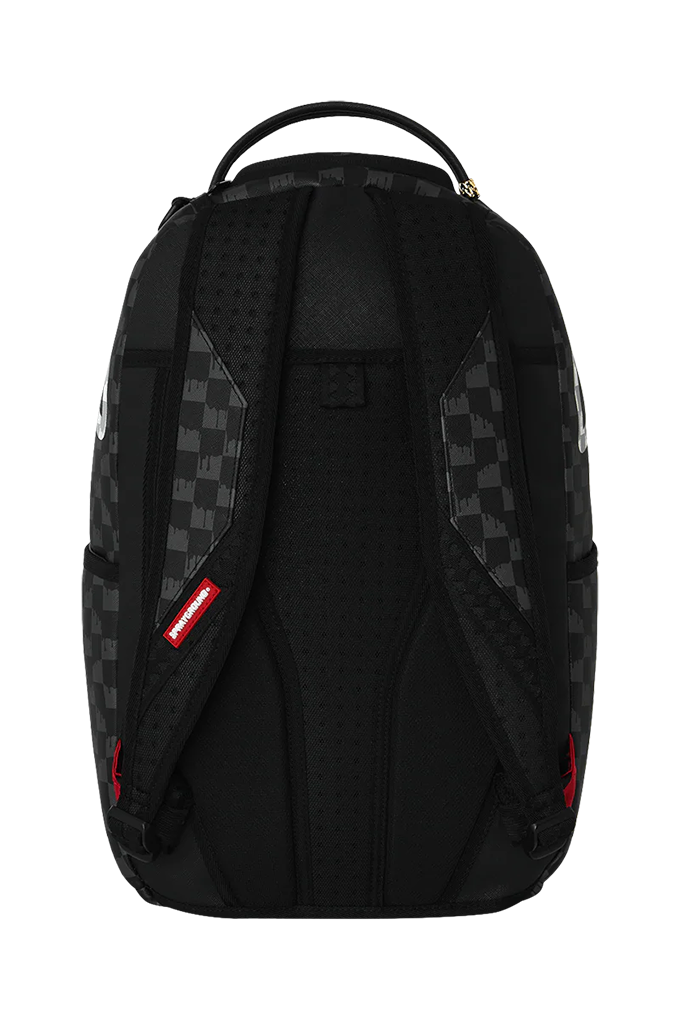 Black backpack with gray checkerboard patterned side panels, a top carry handle, and red brand tags on the sides, shown from the back on a white background.