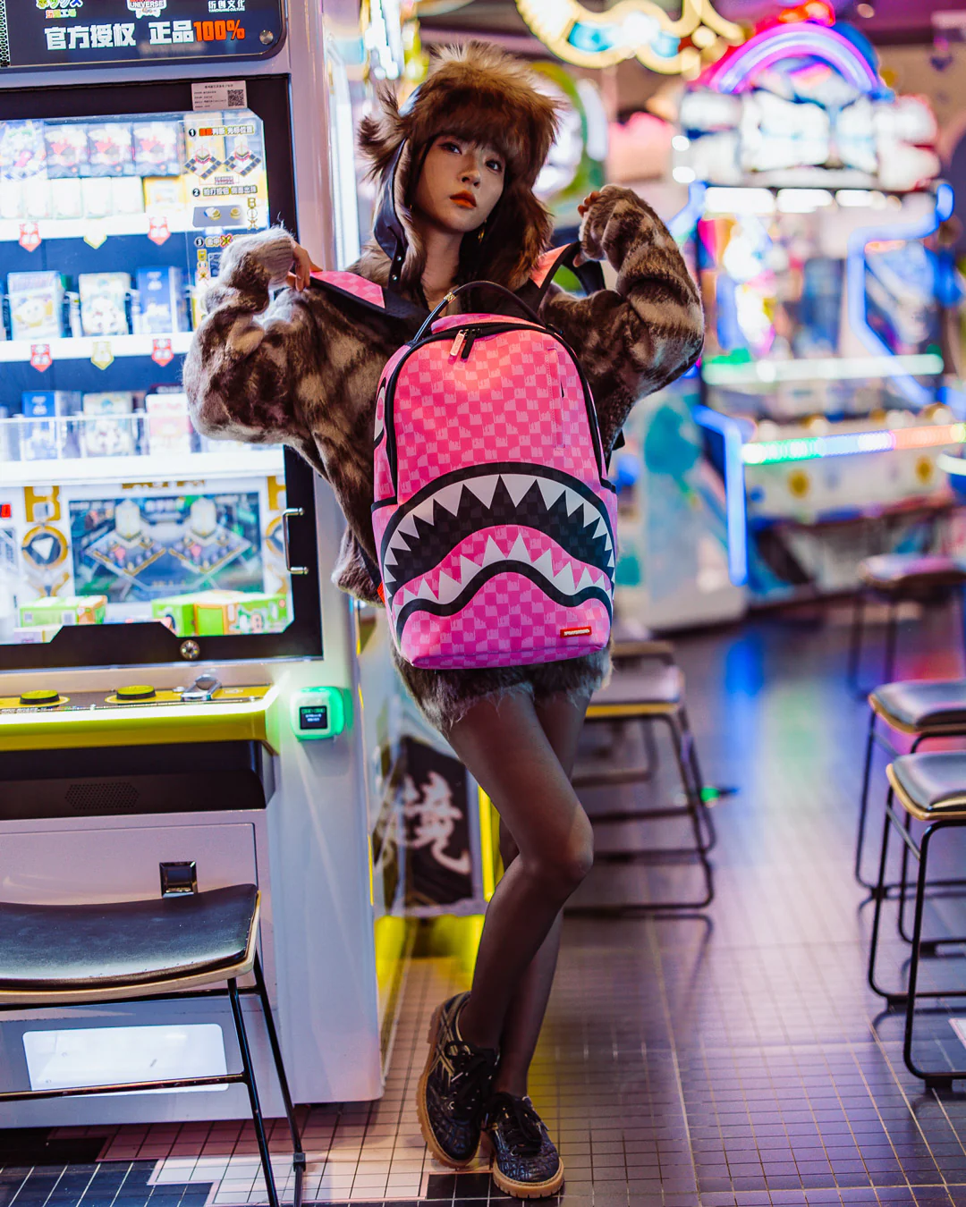 Sprayground Pink And Black Drip Check Pink Paradise Backpack