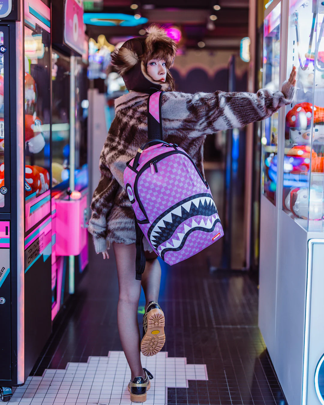Sprayground Pink And Black Drip Check Pink Paradise Backpack