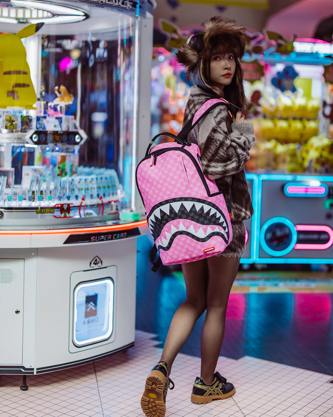 Sprayground Pink And Black Drip Check Pink Paradise Backpack