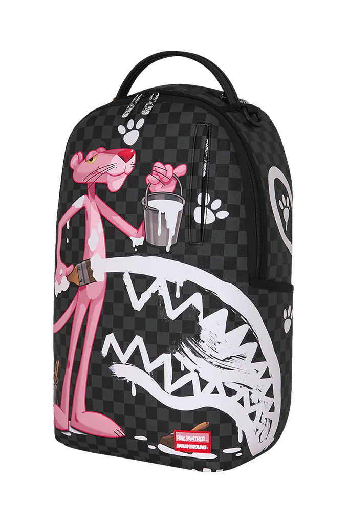 A black and gray checkered backpack featuring a graphic print of the Pink Panther holding a bucket in front of a giant white shark mouth, with white paw prints and a small red Sprayground label at the bottom.