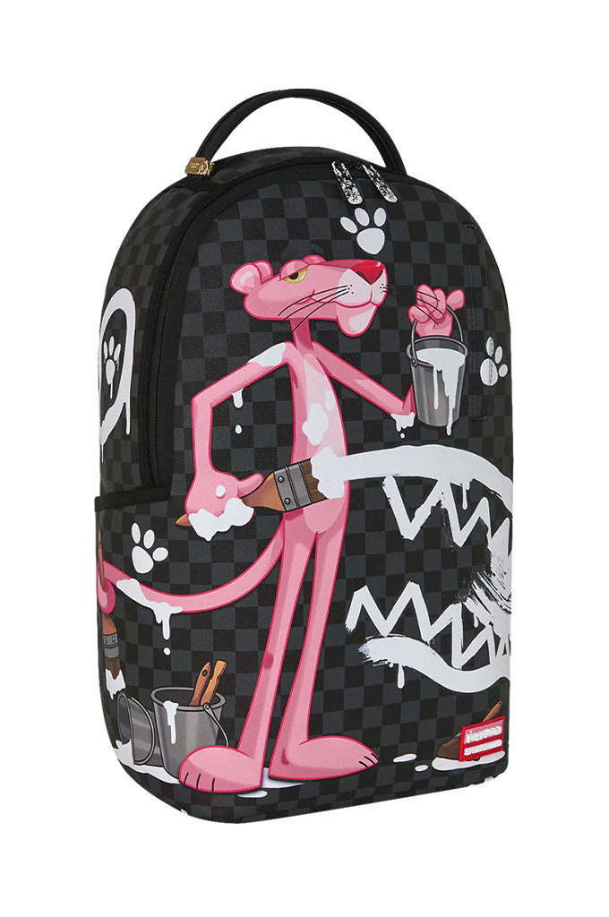 A black and dark gray checkered backpack featuring a graphic print of the Pink Panther painting a white shark mouth, with paint buckets, brushes, and paw prints.