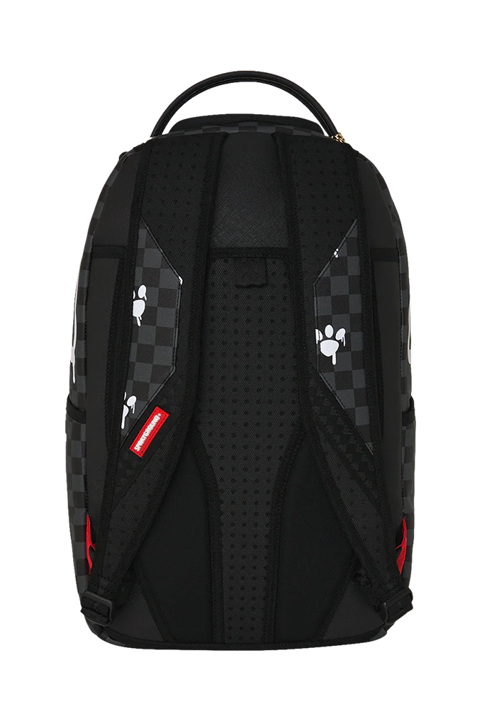 A black backpack with gray checkerboard patterned side panels, white paw print graphics, and red accents, shown from the back on a white background.