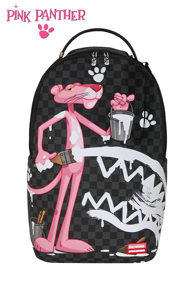 A pink and black checkered backpack featuring a graphic print of the Pink Panther painting a giant white shark, with the Spraycraft brand logo at the bottom right.