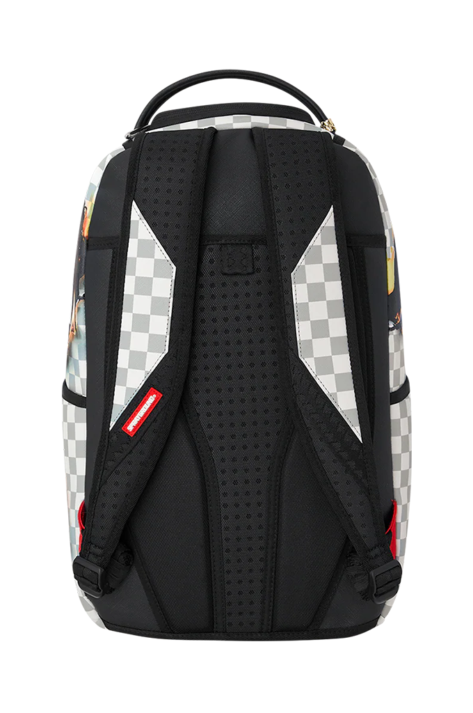 Back view of a backpack with a black perforated center panel, gray and white checkerboard side panels, and small red brand tab accents, shown on a white background.
