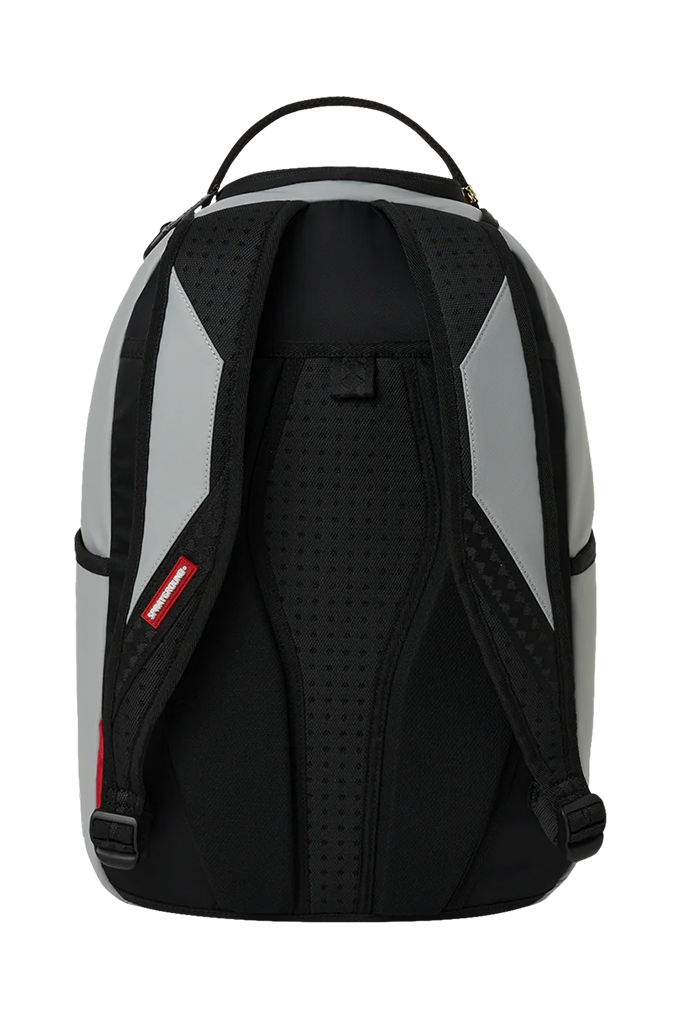 The back view of a black and gray backpack with a red brand tag on the side, set against a plain white background.