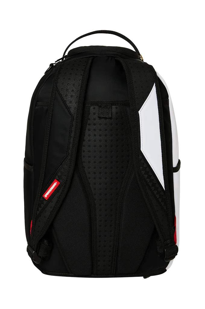A black backpack shown from the back, featuring a textured black padded back panel, a top carry handle, and a bold white geometric side accent.