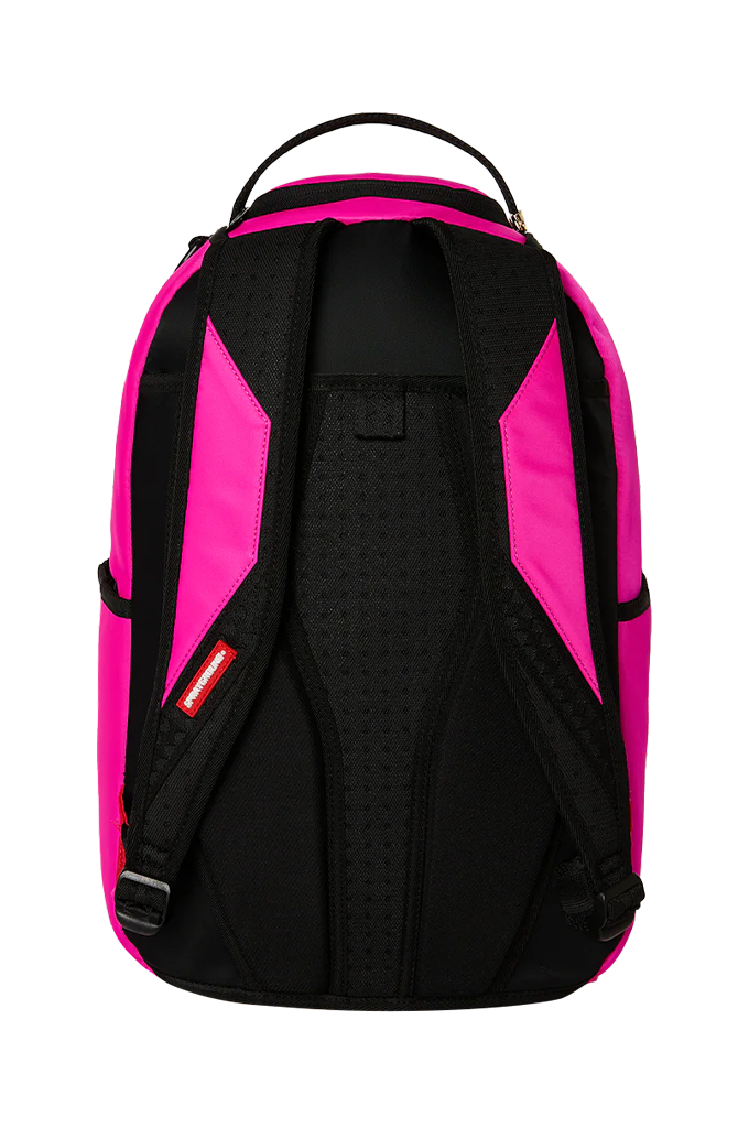 A backpack shown from the back, featuring a black textured padded back panel and straps with bright pink side panels and trim, on a plain white background.