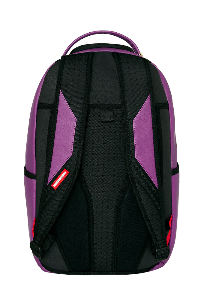 A purple and black backpack shown from the back, featuring a textured black padded center with perforated details, purple side panels, and a small red brand tag.