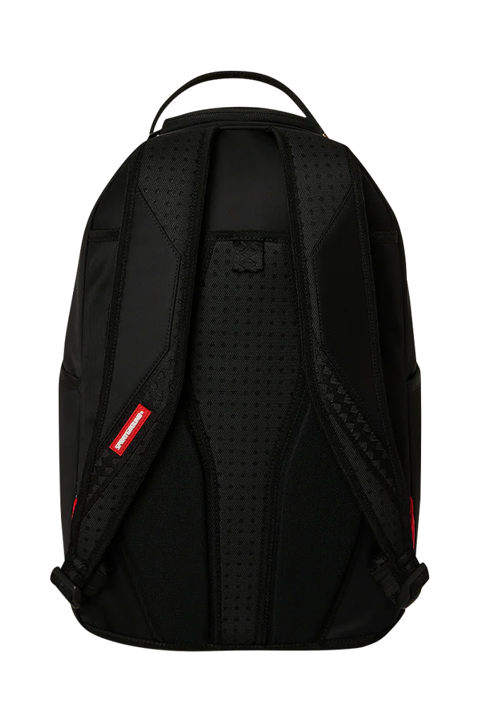 Black backpack shown from the back, featuring a perforated back panel, padded shoulder straps, top carry handle, and small red brand tab on the side.