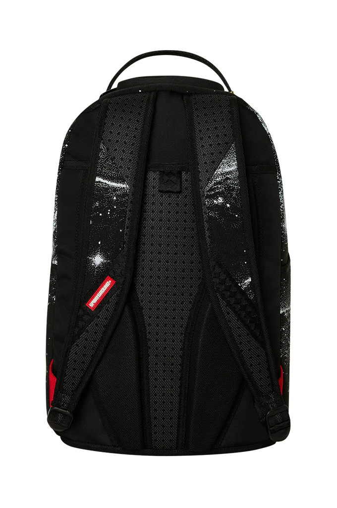 Black backpack with reflective silver glitter pattern on the sides, black perforated back padding, and small red brand tags, shown from the back on a white background.