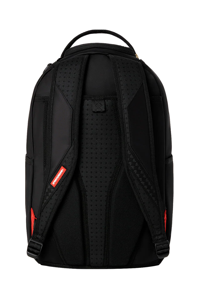Black backpack shown from the back, featuring a padded back panel with perforated texture, adjustable shoulder straps, and small red accent tabs.