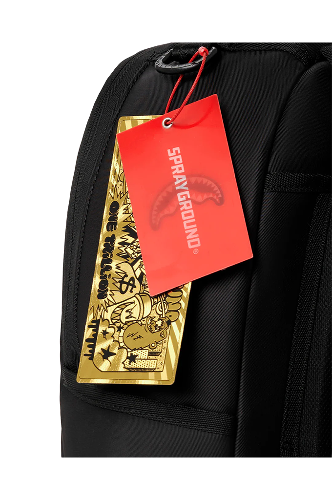 Close-up of a black backpack with a red Sparkground retail tag and a gold One Trillion tag attached.