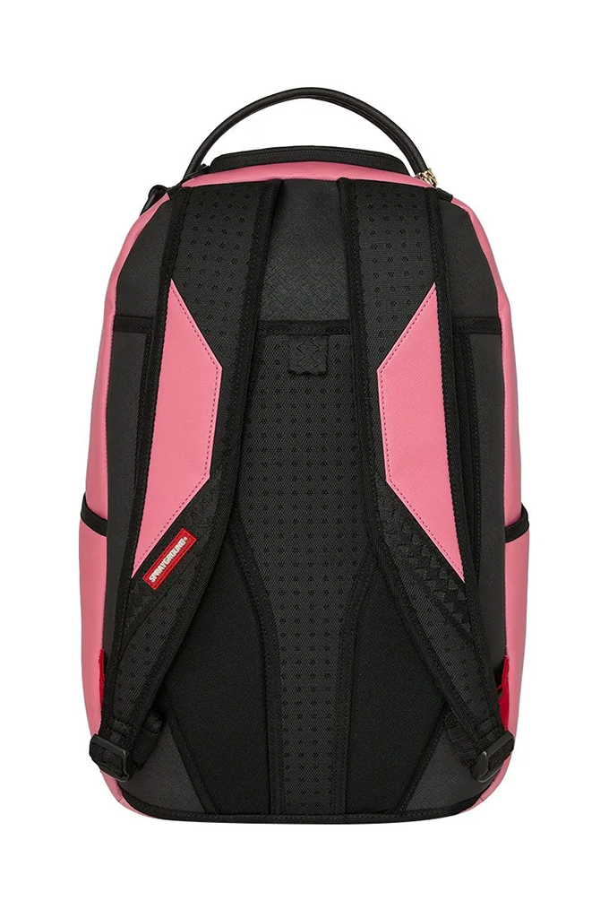 A backpack shown from the back, featuring a black perforated mesh back panel with pink side panels and black shoulder straps, on a plain white background.