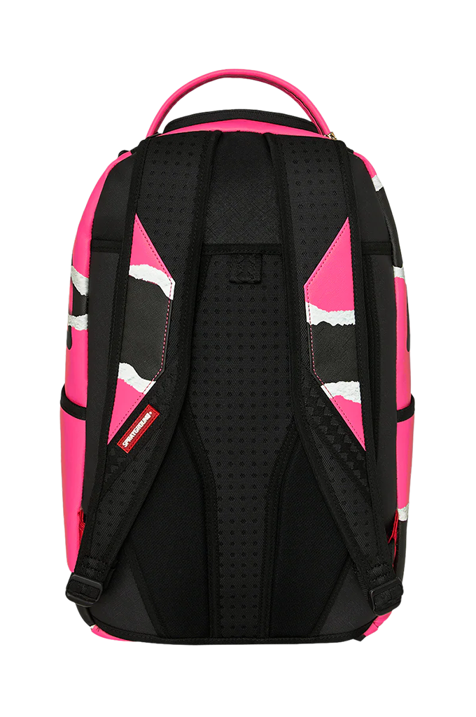 A backpack shown from the back, featuring a black perforated mesh back panel with pink and black side panels, white graphic accents, and a pink top handle.