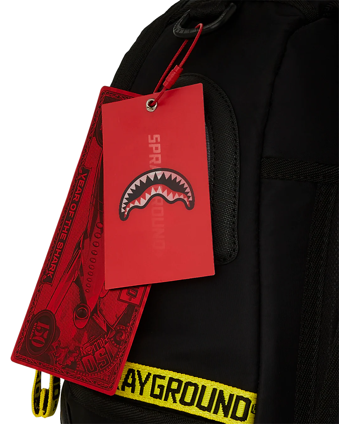 Sprayground Shark Central Yellow Tape Parachute Satin Backpack