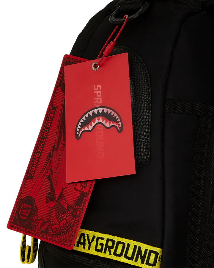 Sprayground Shark Central Yellow Tape Parachute Satin Backpack