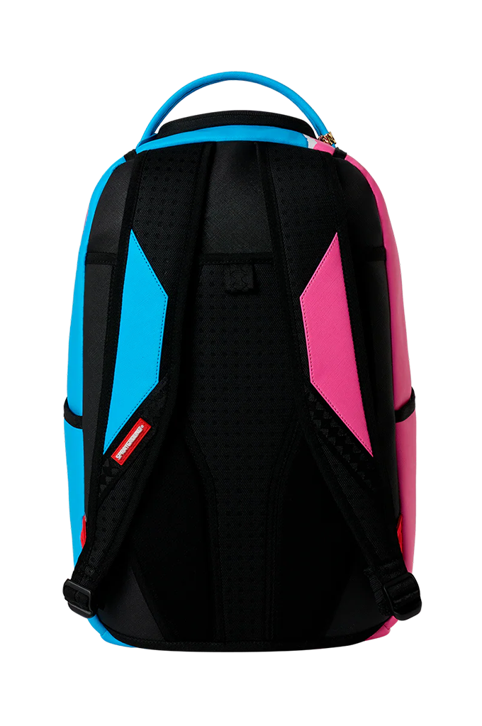 A backpack shown from the back, featuring a black central body with bright cyan blue side panels and a pink side panel, plus a blue top handle.