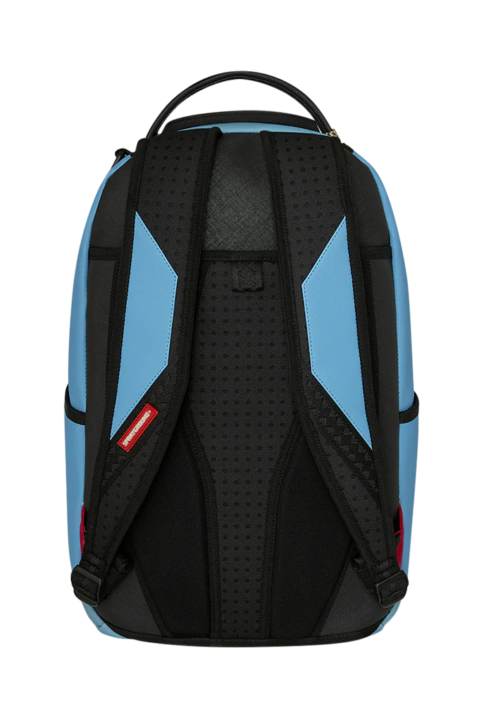 The back view of a backpack in light blue and black, featuring a textured perforated back panel, padded shoulder straps, and a top carry handle on a white background.