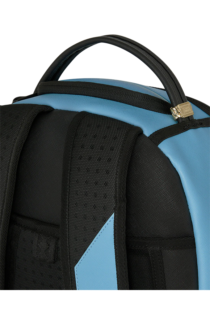 Close-up of the back of a backpack showing black padded shoulder straps, a top carry handle, and light blue side panels on a white background.