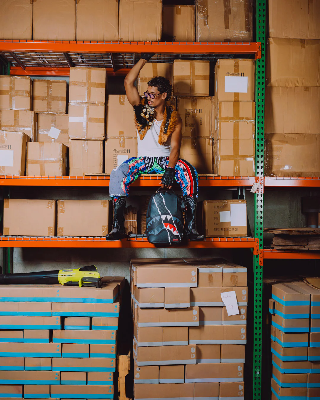 A person wearing a white tank top, colorful patterned pants, and black boots sits on an orange warehouse shelf surrounded by stacked cardboard boxes, holding a black backpack with a shark graphic.