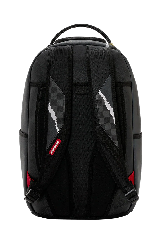 A black backpack with a textured honeycomb pattern, featuring a top carry handle, padded shoulder straps, and two diagonal black-and-white graphic panels on the back.