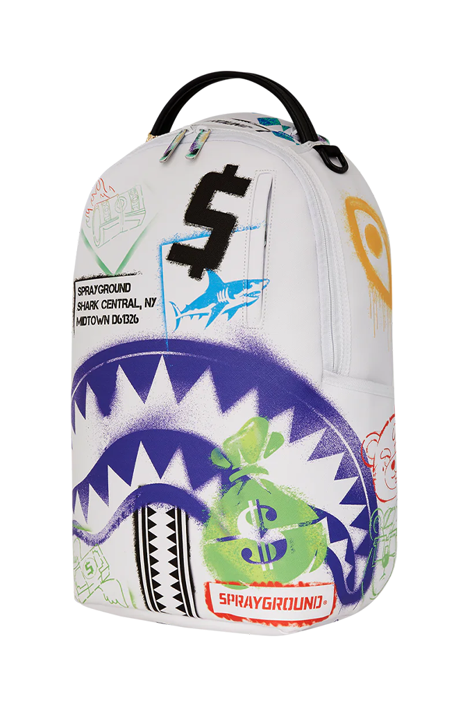 Sprayground Shark Central Stencils White Backpack