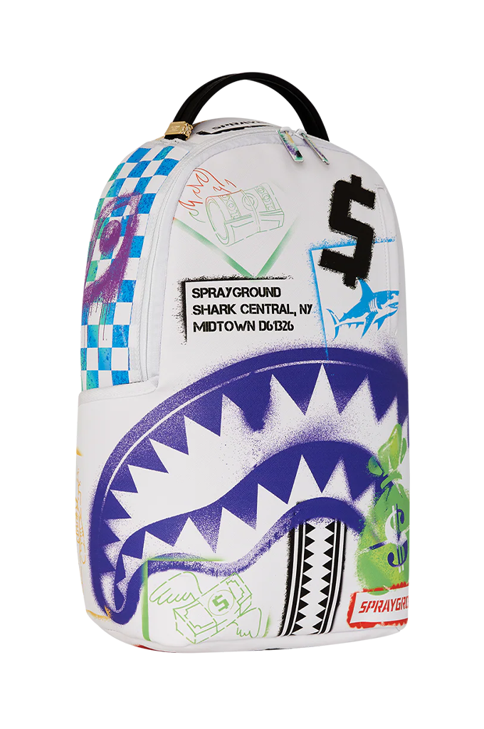 Sprayground Shark Central Stencils White Backpack