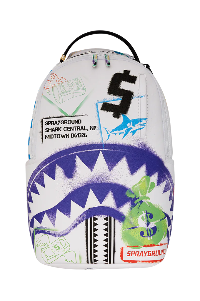 Sprayground Shark Central Stencils White Backpack
