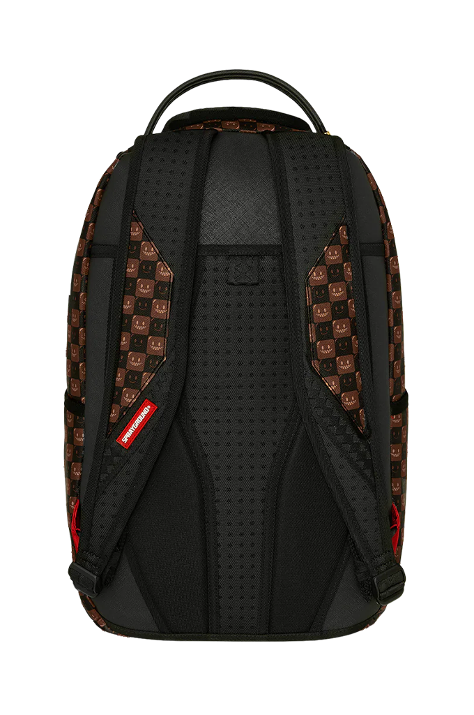 A black backpack with brown and black patterned side panels and a red Supreme box logo tag on the side, shown from the back against a white background.
