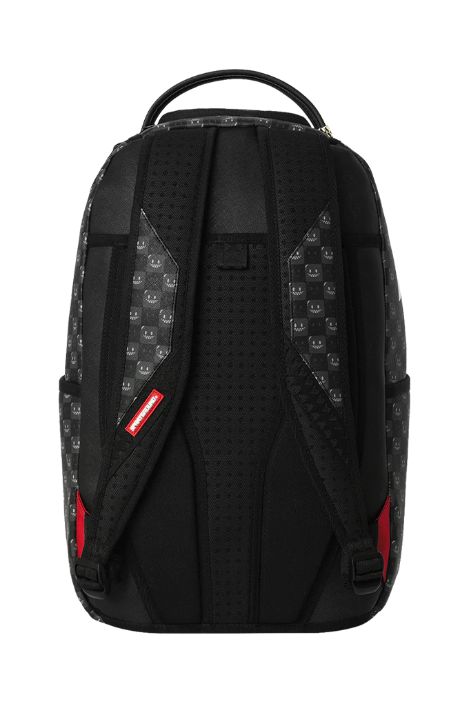 Black backpack with gray patterned side panels and small red accents, shown from the back on a white background.