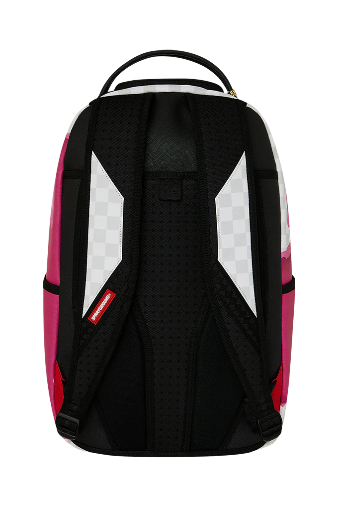 The back view of a Sprayground backpack in black, pink, and white, featuring a perforated black back panel, white geometric side panels, and a red Sprayground brand tag.