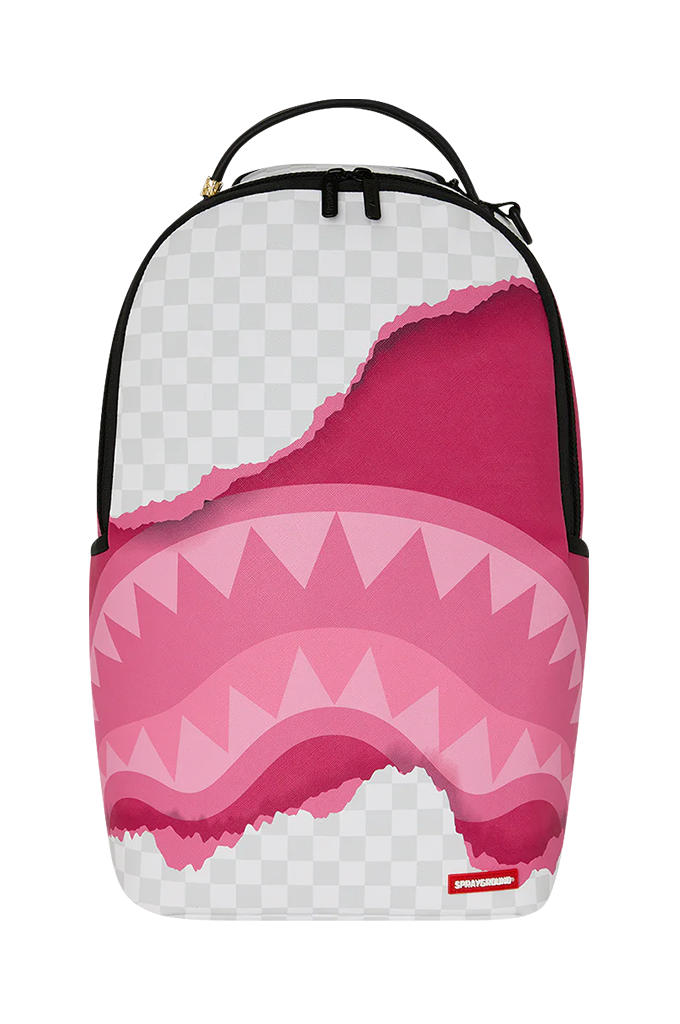 A Sprayground Shark backpack featuring a pink and white shark mouth graphic on a white background.