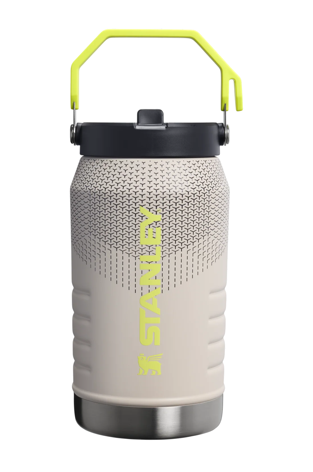 A Stanley vacuum-insulated water bottle with a textured light beige body, a black lid, and a bright yellow-green carrying handle and vertical STANLEY branding.#color_sahara-hypergrip
