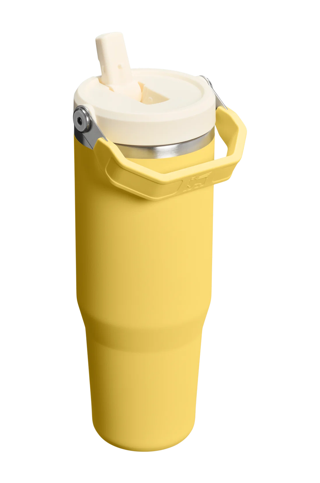 A yellow insulated travel tumbler with a cream-colored lid and carry handle, shown on a solid white background.#color_daffodil