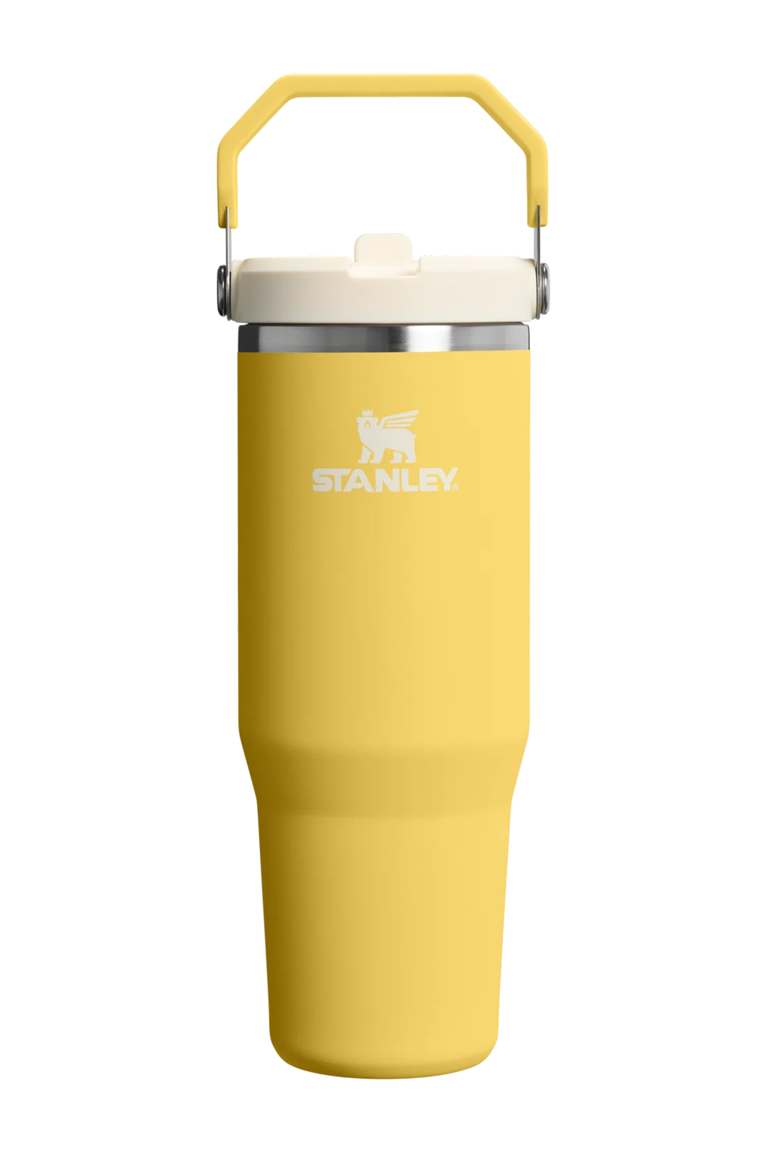 A yellow Stanley vacuum-insulated tumbler with a cream lid and a yellow carrying handle, shown on a plain white background.#color_daffodil