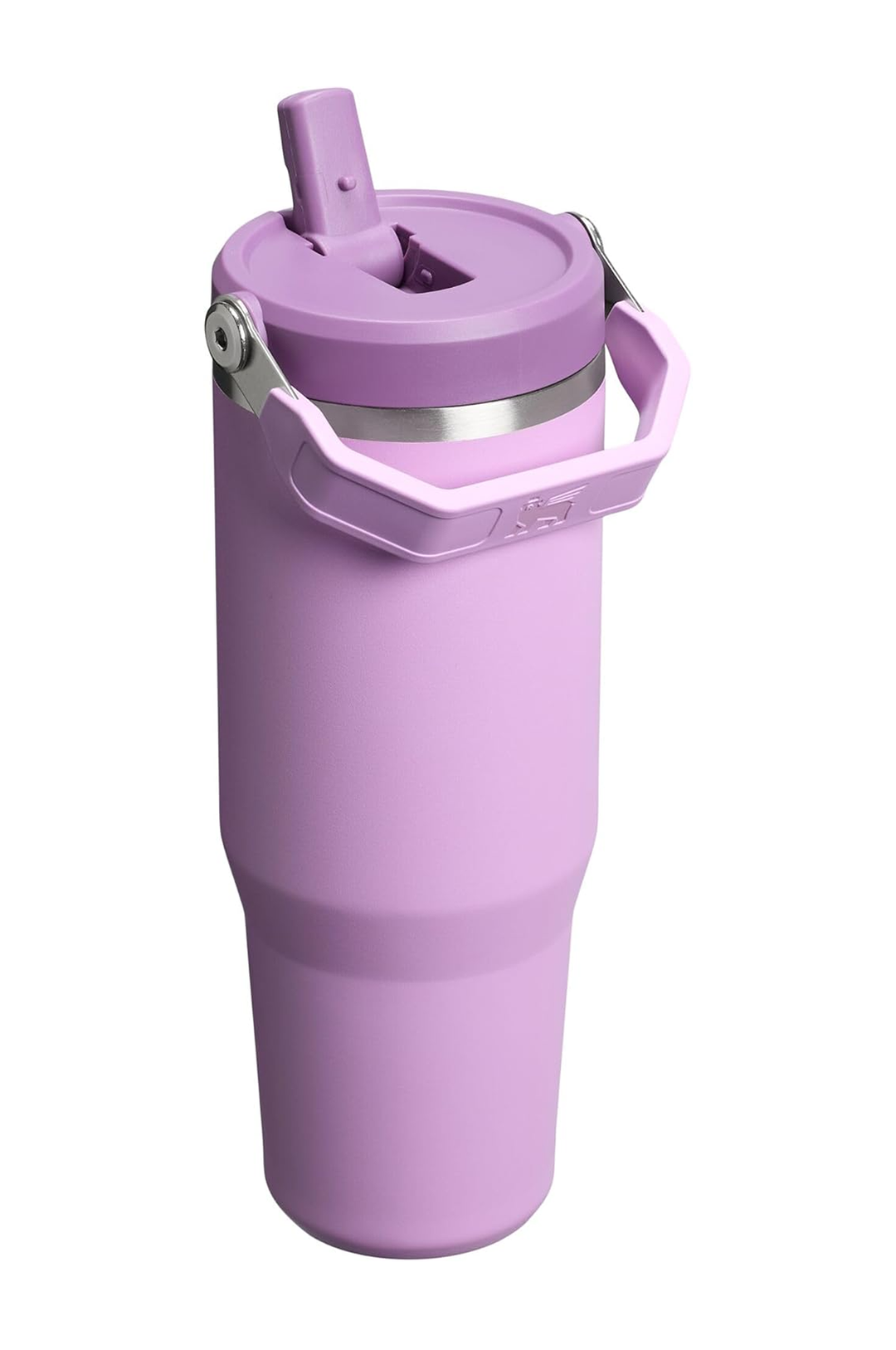 A lavender purple insulated travel tumbler with a matching lid, carrying handle, and flip straw spout, shown on a plain white background.#color_lilac