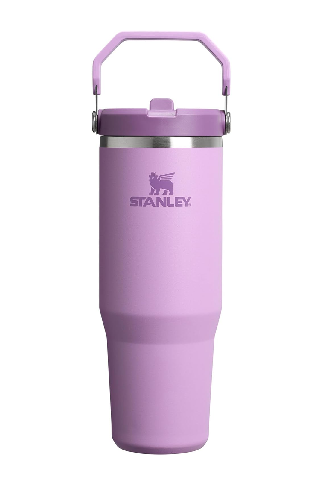 A lavender purple Stanley insulated tumbler with a matching carrying handle lid, featuring the Stanley logo on the front, set against a plain white background.#color_lilac